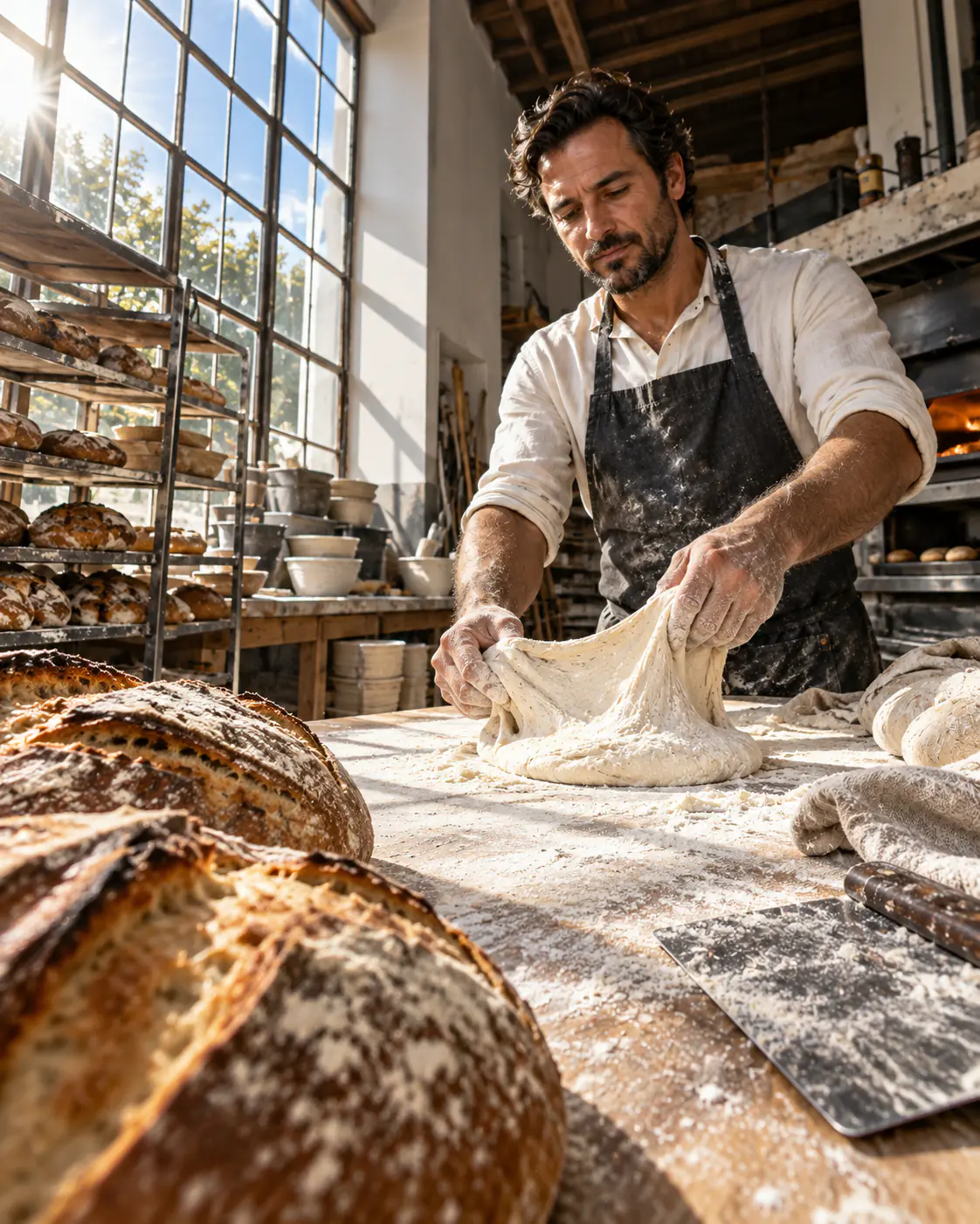 Independent baker shaping dough in his neighborhood bakery