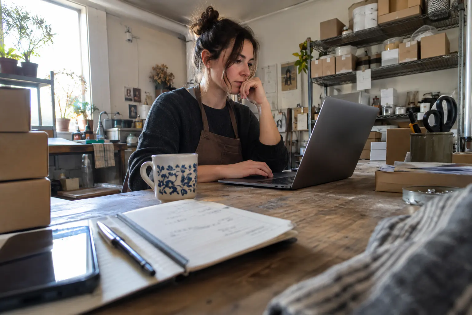 Small business owner reviewing analytics from her working studio